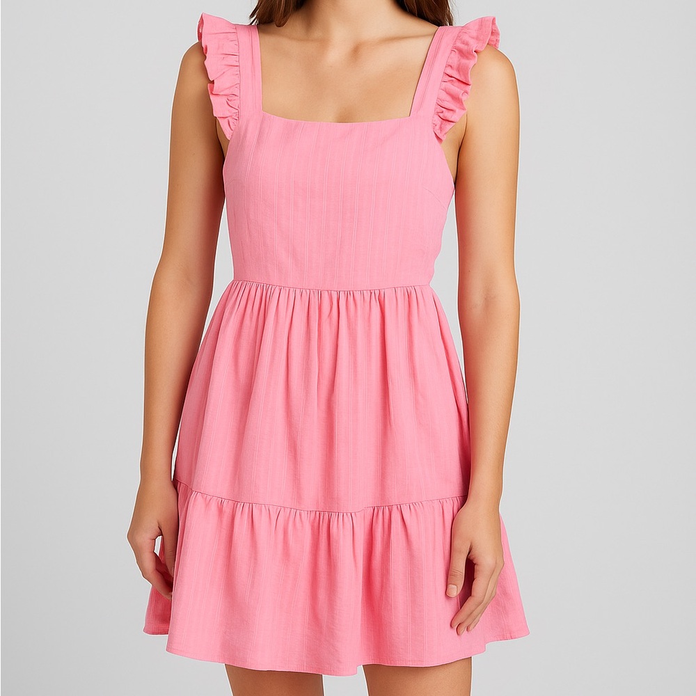 &merci Pink Ruffle Strap Back Tie Mini Dress – Size L, NWT